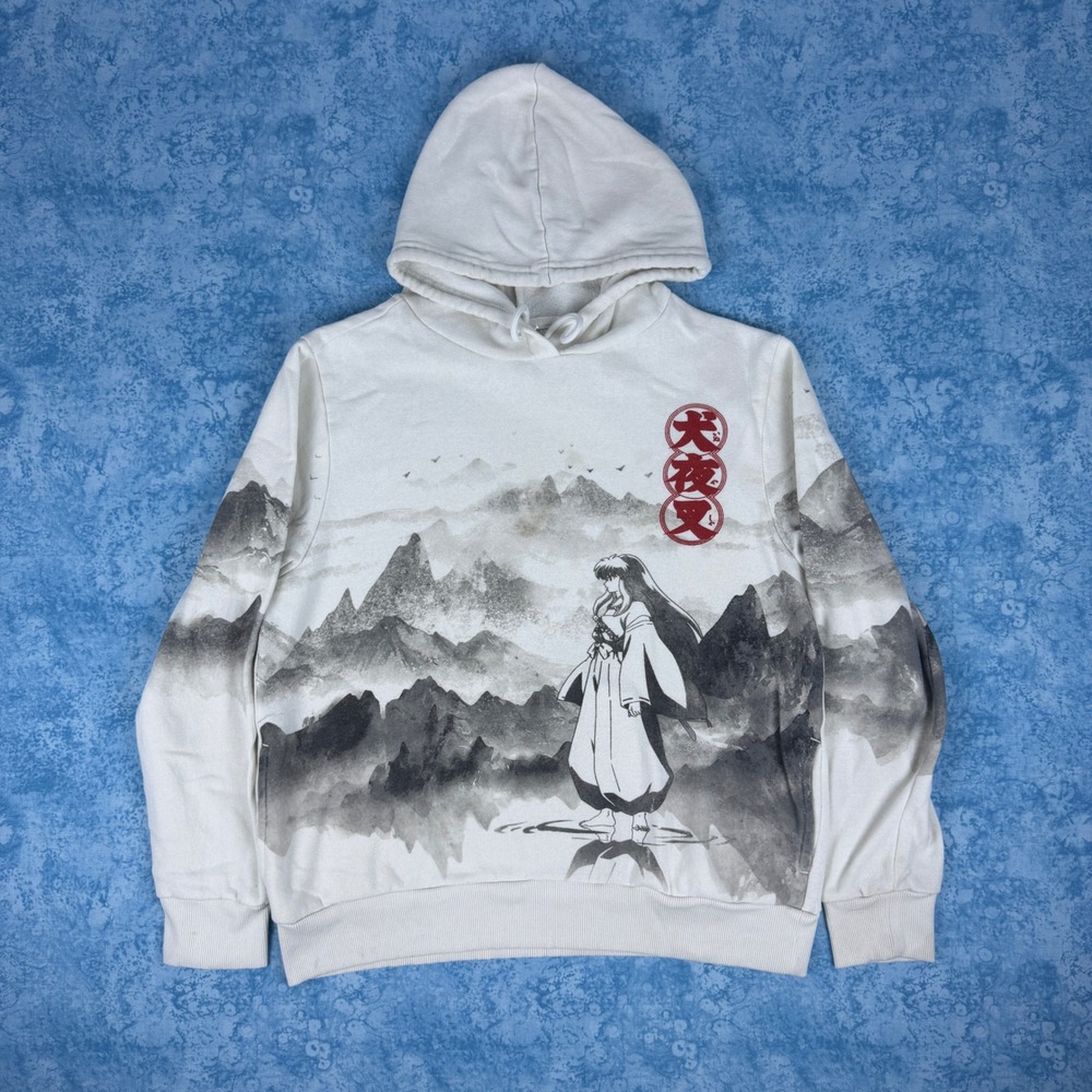 InuYasha Kikyo Mountain Graphic Hoodie Mens S Fits L Cream Anime Pullover